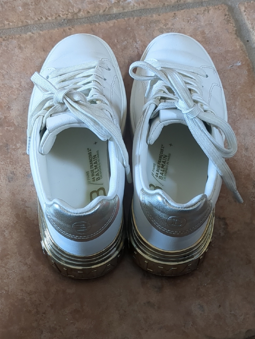Balmain White & Gold Leather B-Court Low-Top Sneakers - Picture 2 of 8